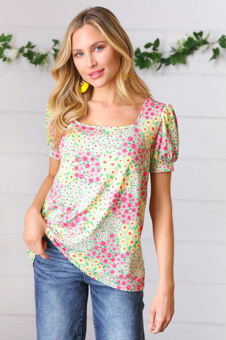 HapticsCanary/Mint Floral Square Neck Bubble Sleeve Top