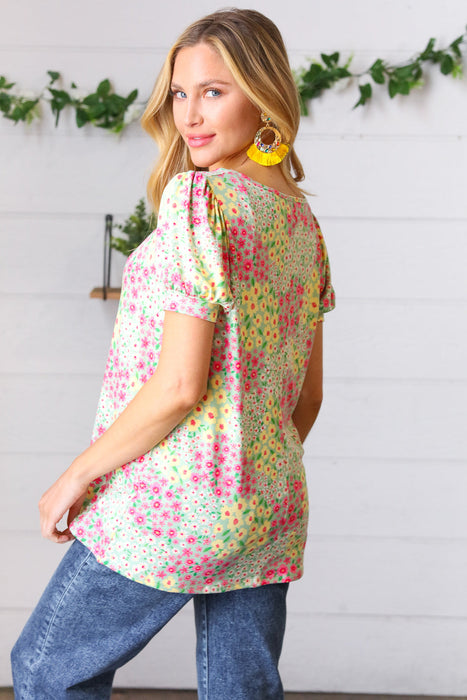 HapticsCanary/Mint Floral Square Neck Bubble Sleeve Top