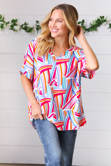 Blue & Fuchsia Geometric Print Woven Top