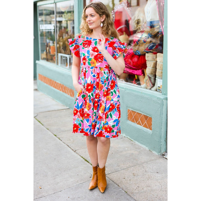 Pink Floral Smocked Ruffle Sleeve Tiered Dress