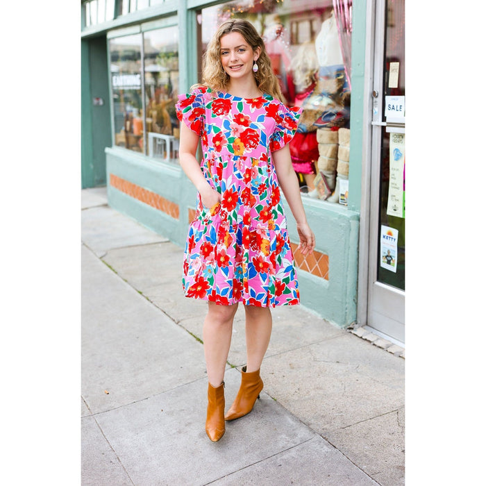 Pink Floral Smocked Ruffle Sleeve Tiered Dress