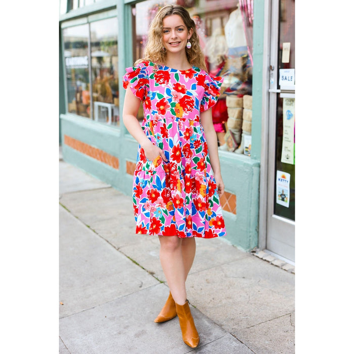 Pink Floral Smocked Ruffle Sleeve Tiered Dress