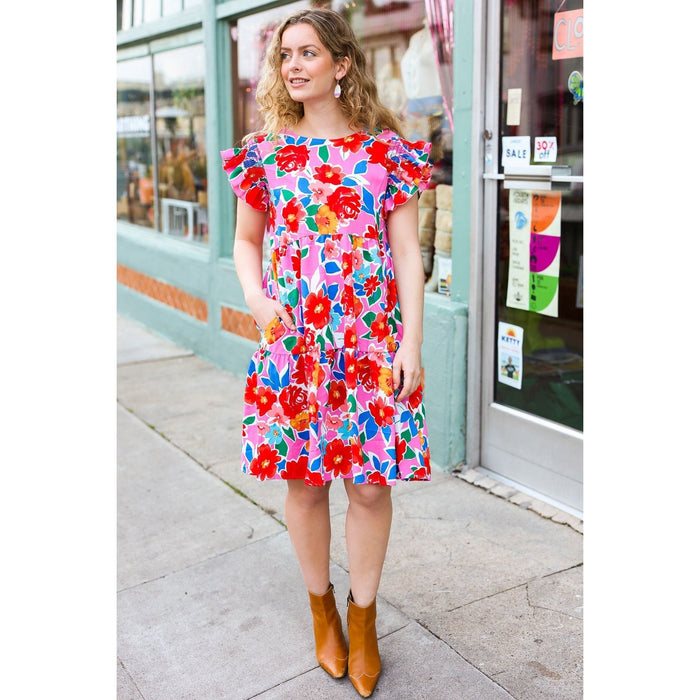 Pink Floral Smocked Ruffle Sleeve Tiered Dress