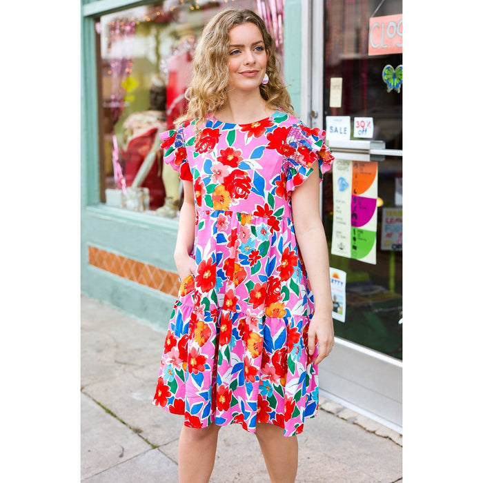 Pink Floral Smocked Ruffle Sleeve Tiered Dress