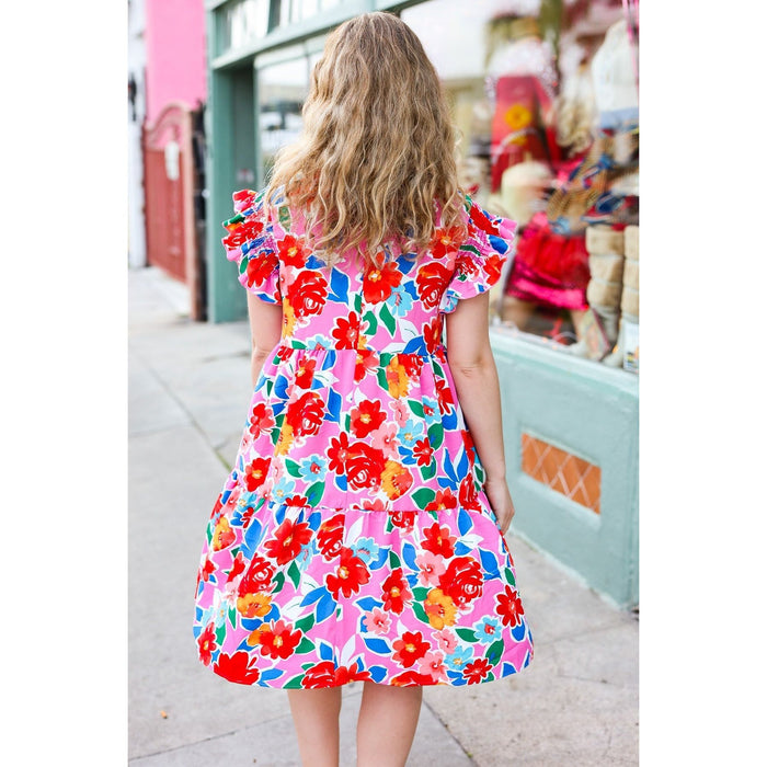 Pink Floral Smocked Ruffle Sleeve Tiered Dress