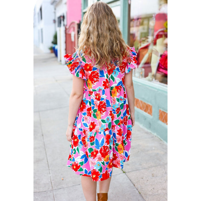 Pink Floral Smocked Ruffle Sleeve Tiered Dress