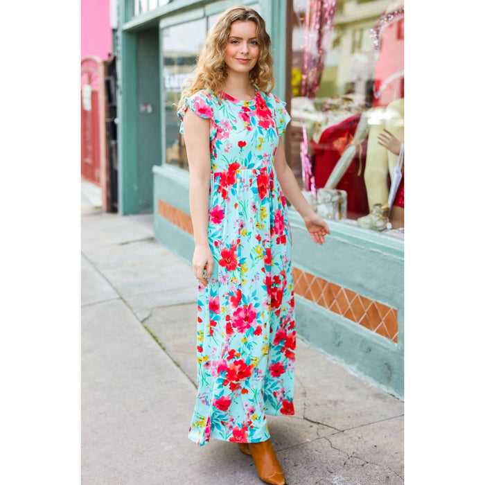 Aqua Floral Fit & Flare Maxi Dress