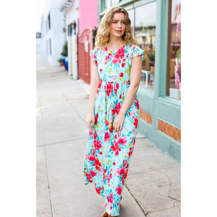 Aqua Floral Fit & Flare Maxi Dress