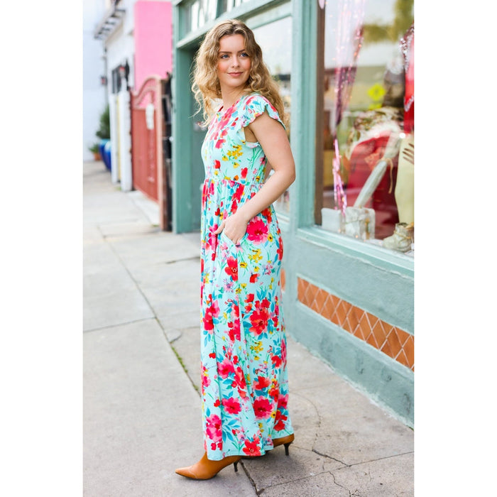 Aqua Floral Fit & Flare Maxi Dress