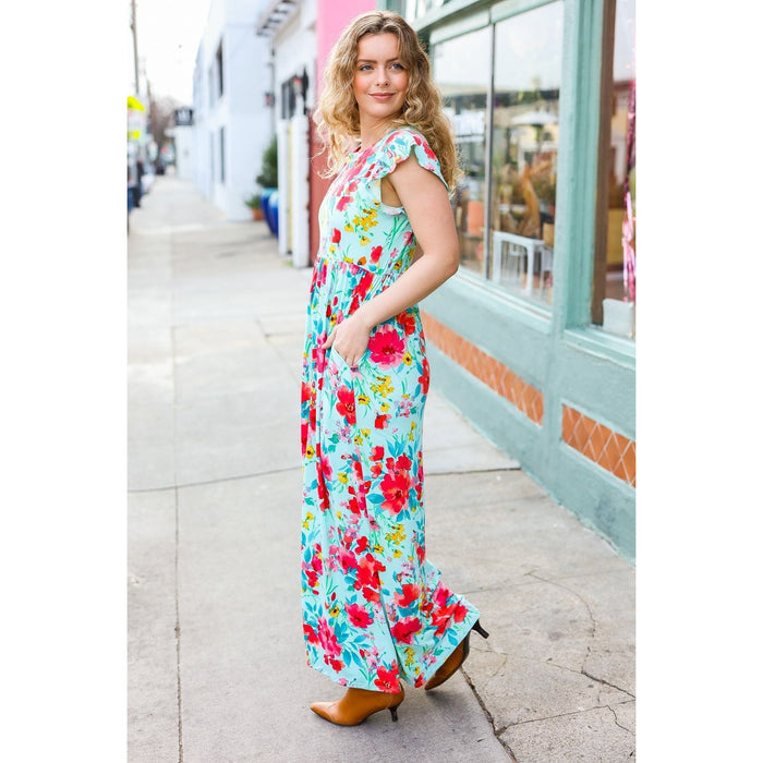 Aqua Floral Fit & Flare Maxi Dress