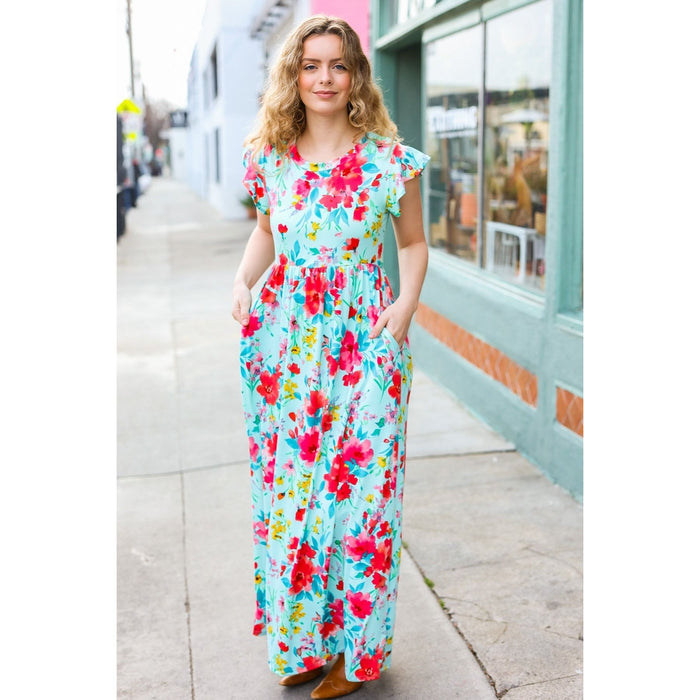 Aqua Floral Fit & Flare Maxi Dress