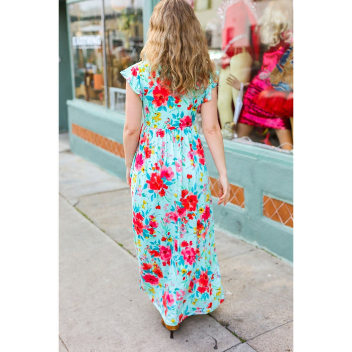 Aqua Floral Fit & Flare Maxi Dress