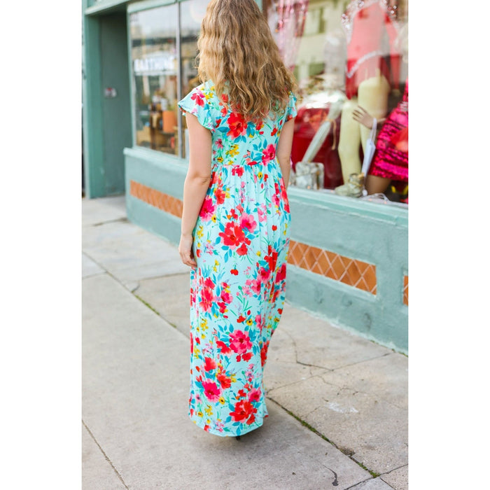 Aqua Floral Fit & Flare Maxi Dress