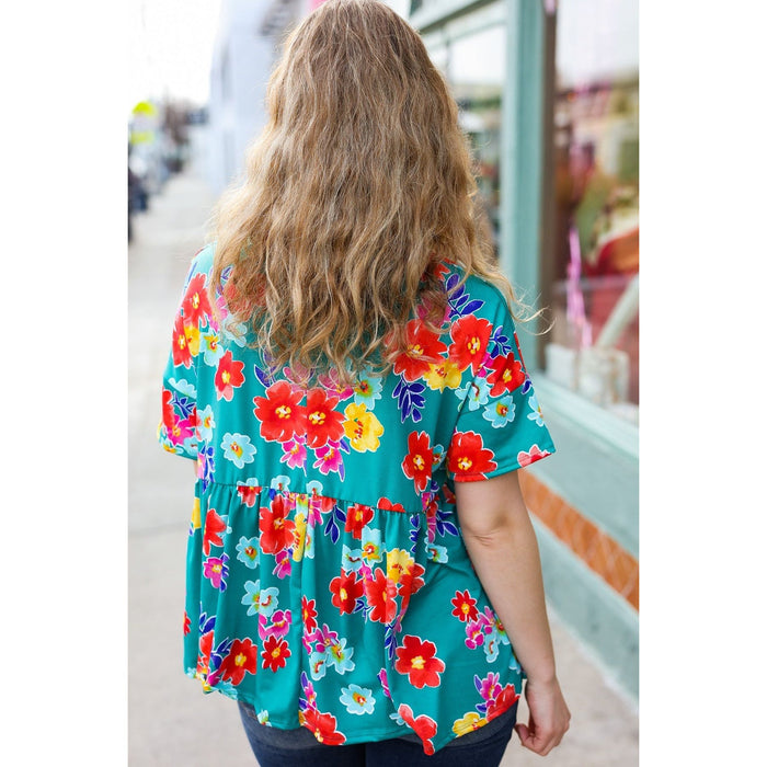 Take Me Away Teal Floral Drop Shoulder Babydoll Top