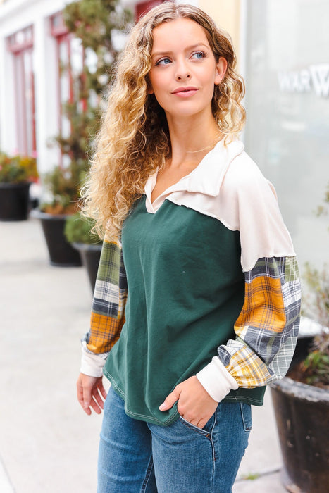 Hunter Green Plaid Color Block Collared Terry Top