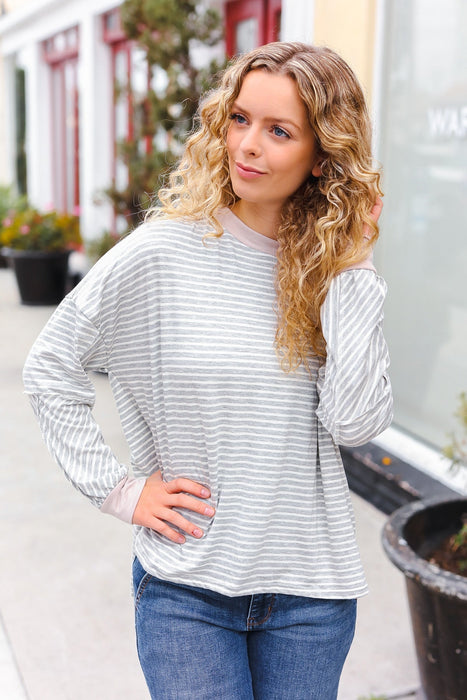 Grey & Ivory Striped Oversized Top