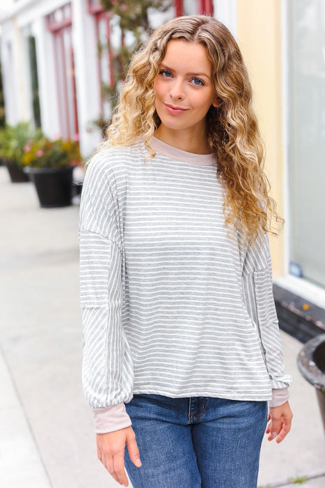 Grey & Ivory Striped Oversized Top