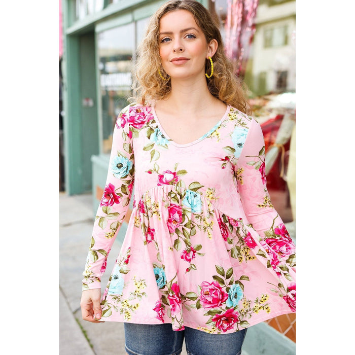 Diva Dreams Pink Floral Print V Neck Babydoll Top