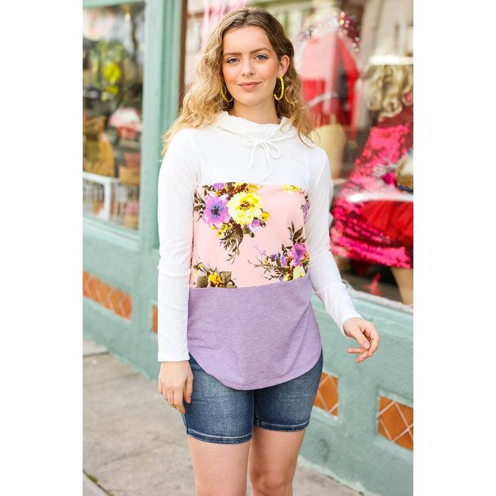 Lavender Floral Cowl Neck Color Block Terry Top