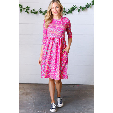 Fuchsia Fit & Flare Midi Pocketed Dress