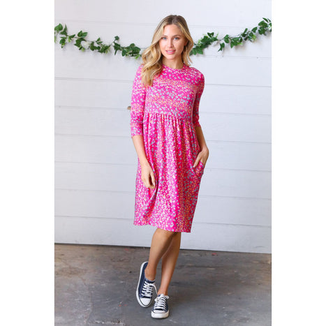 Fuchsia Fit & Flare Midi Pocketed Dress