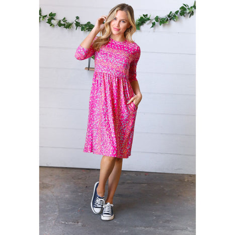 Fuchsia Fit & Flare Midi Pocketed Dress