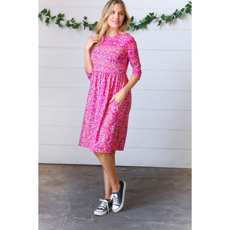 Fuchsia Fit & Flare Midi Pocketed Dress