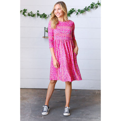 Fuchsia Fit & Flare Midi Pocketed Dress