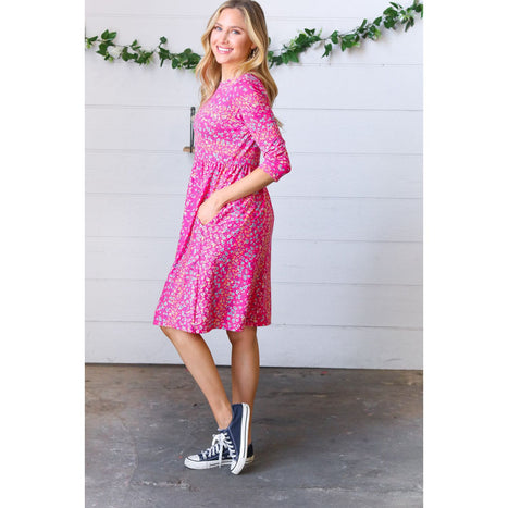 Fuchsia Fit & Flare Midi Pocketed Dress