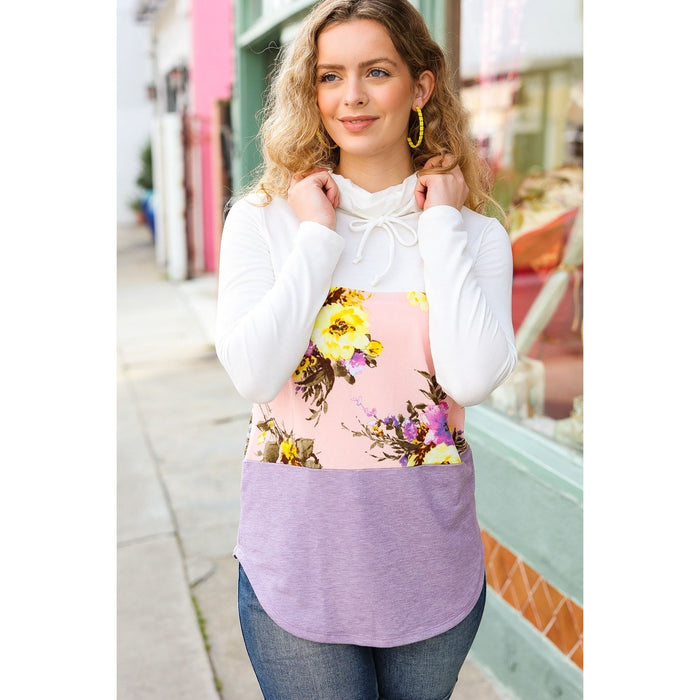 Lavender Floral Cowl Neck Color Block Terry Top