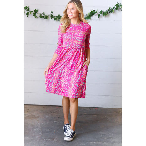 Fuchsia Fit & Flare Midi Pocketed Dress