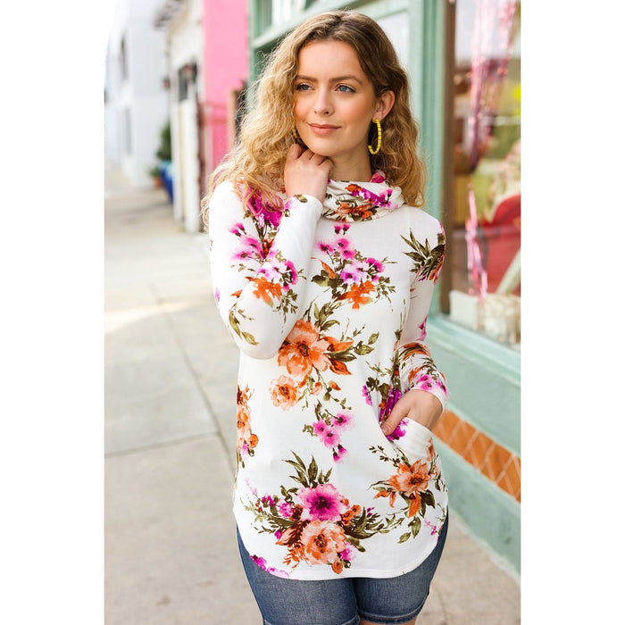 Cream Floral Cowl Neck Sweater Top