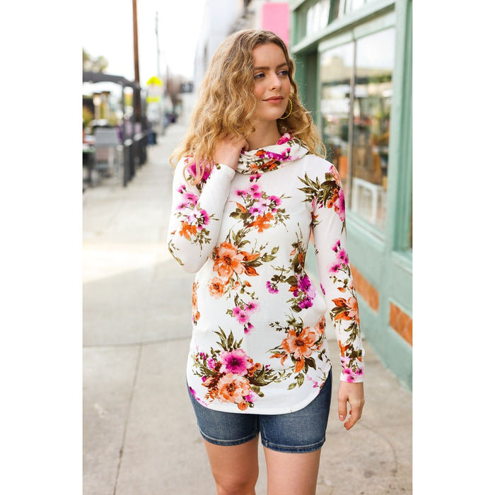 Cream Floral Cowl Neck Sweater Top