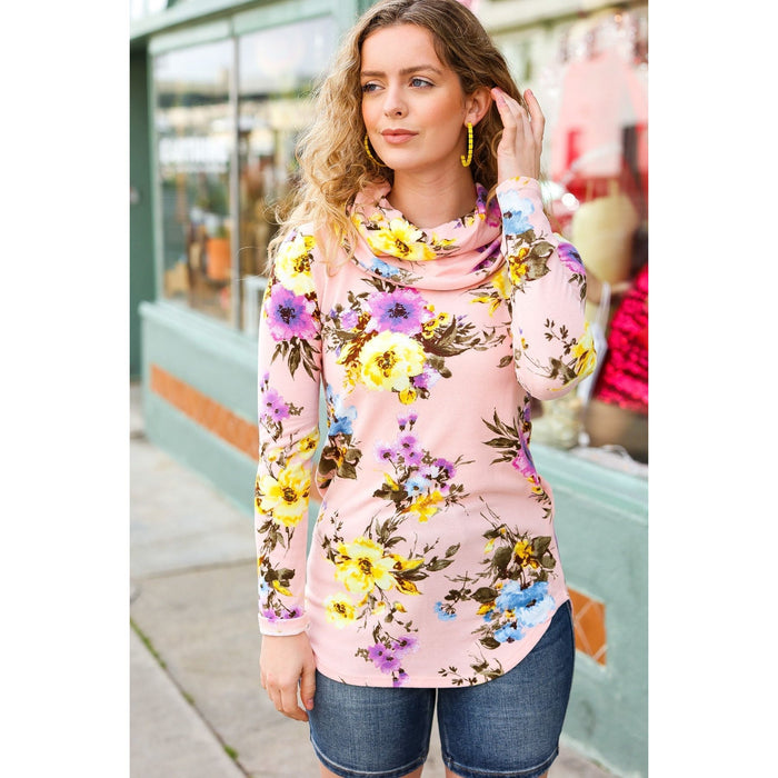 Pink Floral Cowl Neck Sweater Top