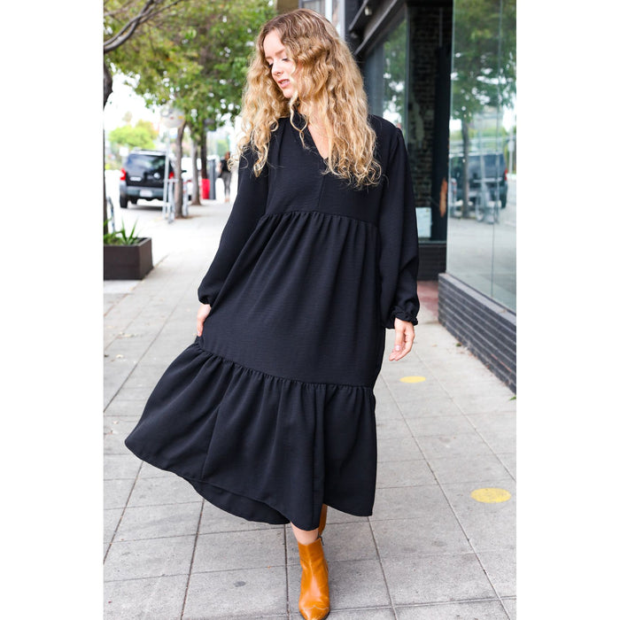 Notched Neck Frill Hem Tiered Maxi Dress