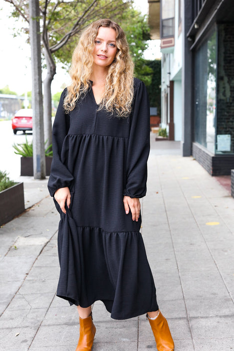 Notched Neck Frill Hem Tiered Maxi Dress