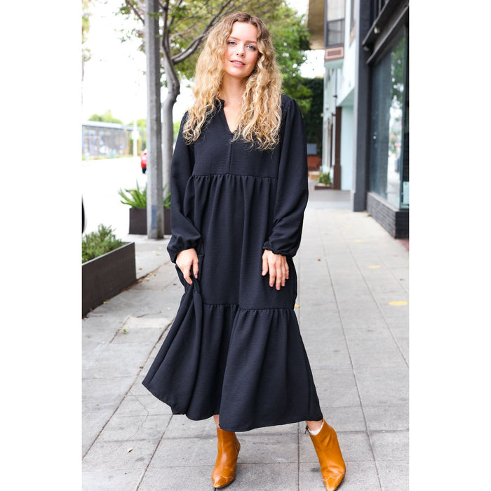 Notched Neck Frill Hem Tiered Maxi Dress