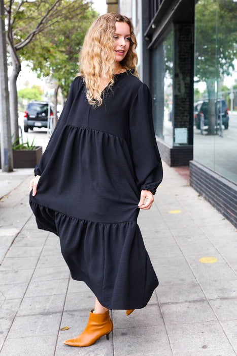 Notched Neck Frill Hem Tiered Maxi Dress