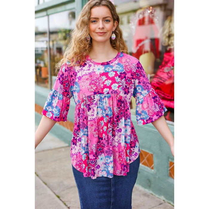 Pink & Blue Floral Print Babydoll Bell Sleeve Top