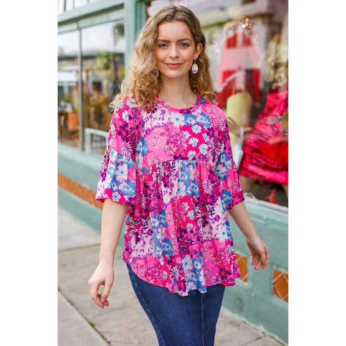 Pink & Blue Floral Print Babydoll Bell Sleeve Top