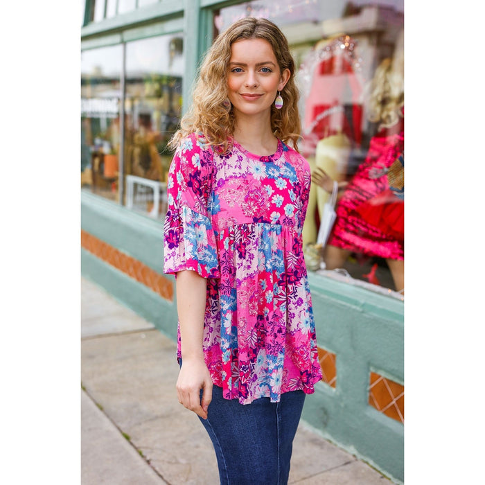 Pink & Blue Floral Print Babydoll Bell Sleeve Top