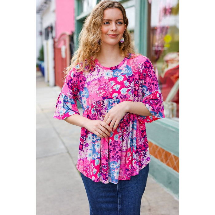 Pink & Blue Floral Print Babydoll Bell Sleeve Top