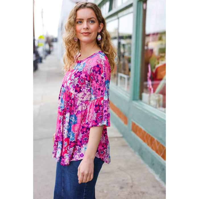 Pink & Blue Floral Print Babydoll Bell Sleeve Top