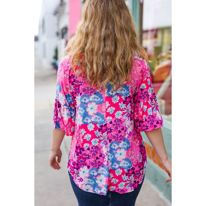 Pink & Blue Floral Print Babydoll Bell Sleeve Top