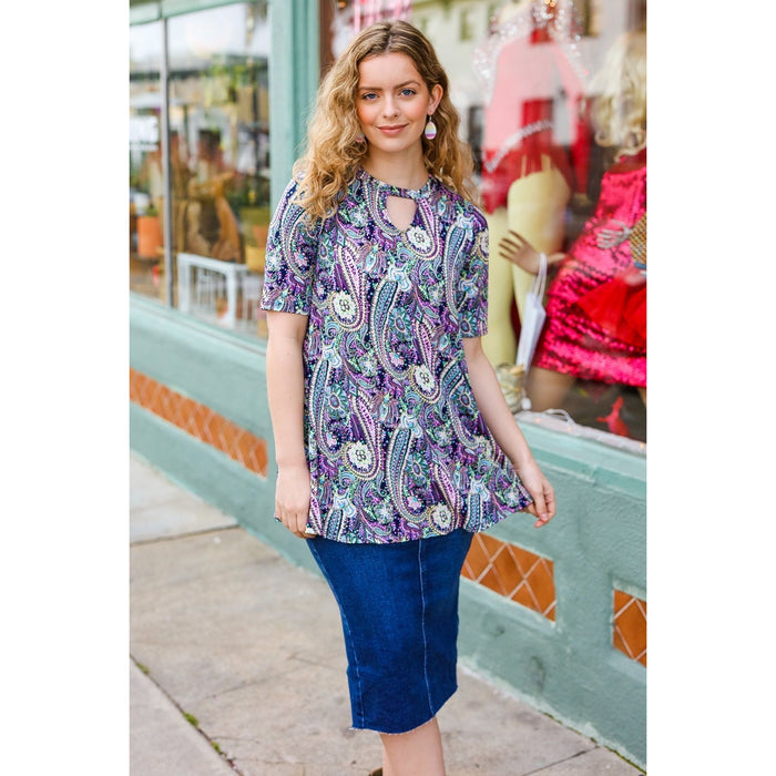 Navy Floral Paisley Front Keyhole Tunic Top