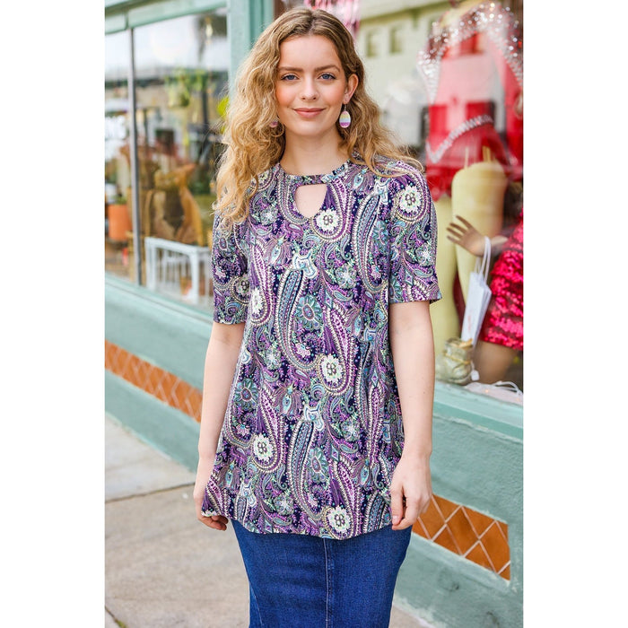 Navy Floral Paisley Front Keyhole Tunic Top