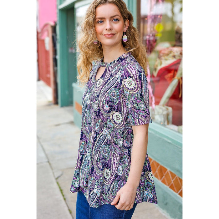 Navy Floral Paisley Front Keyhole Tunic Top