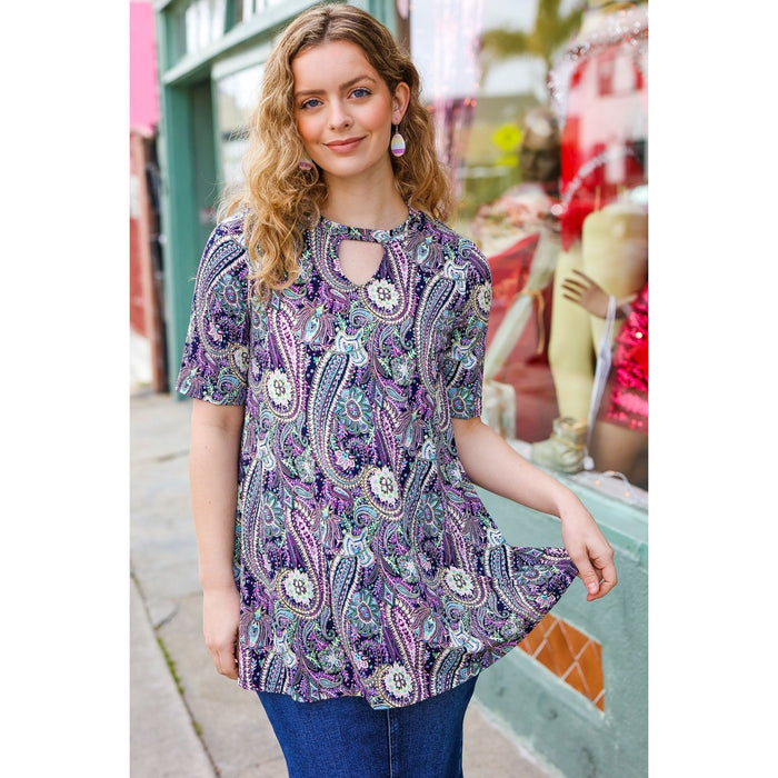 Navy Floral Paisley Front Keyhole Tunic Top