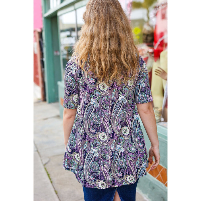 Navy Floral Paisley Front Keyhole Tunic Top