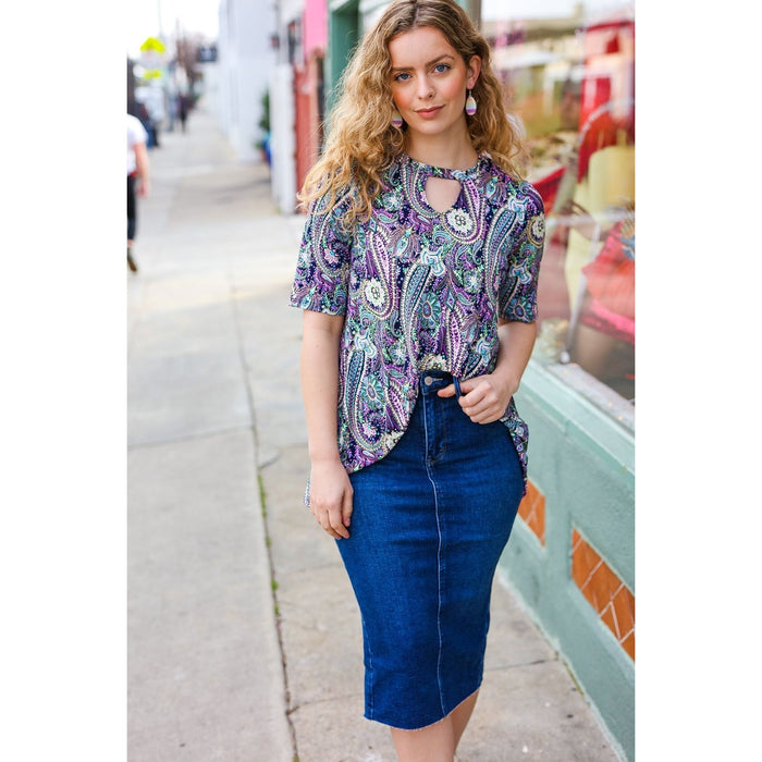 Navy Floral Paisley Front Keyhole Tunic Top